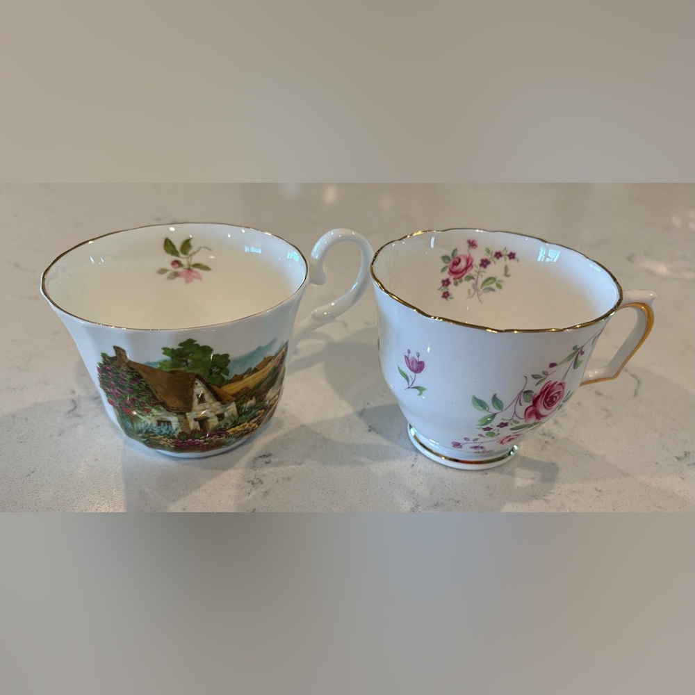 Allyn Nelson & Staffordshire White Porcelain Floral Teacup w/Gold Trim “England”
